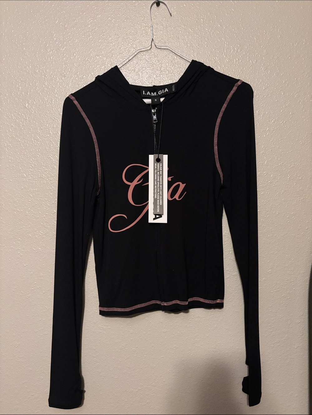 I.AM.GIA Black Zip Hoodie with Pink Script